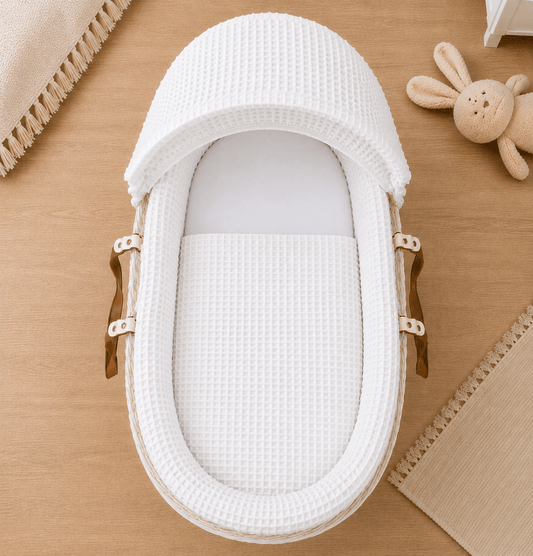 White waffle moses basket hood fabric with rounded cover and snap ties