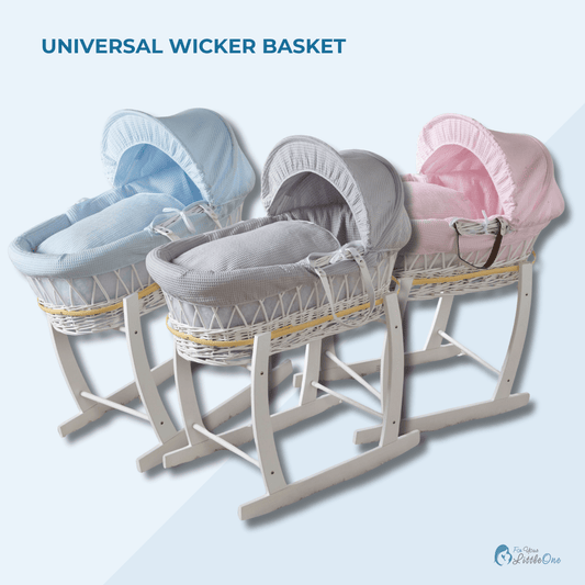 Universal wicker Moses basket with stand, shown with blue, grey, and pink liners