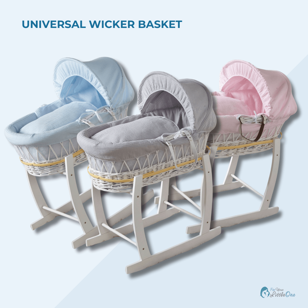 Multiple Moses baskets on rocking stand showing different fabric color options
