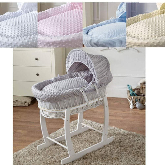 Wicker baby Moses basket with stand in dark grey, grey waffle bedding with hood