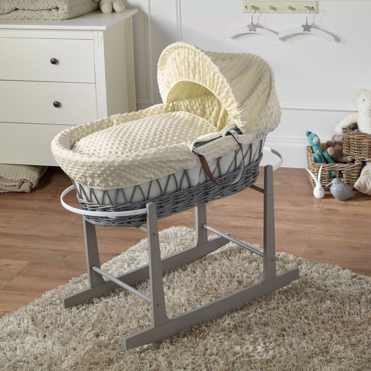 Wicker Moses basket with stand, cream padded bedding and hooded cover