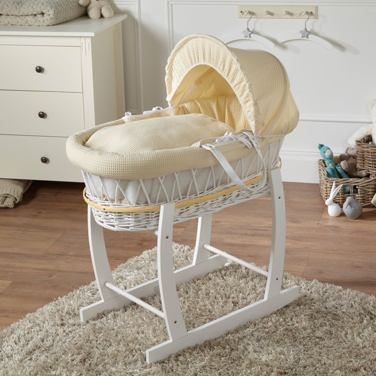 Wicker Moses basket with stand, cream/yellow padded bedding and hooded cover