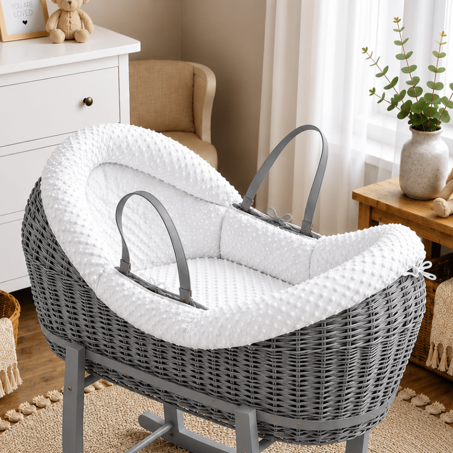 White wicker moses basket with grey padded liner and carrying handles