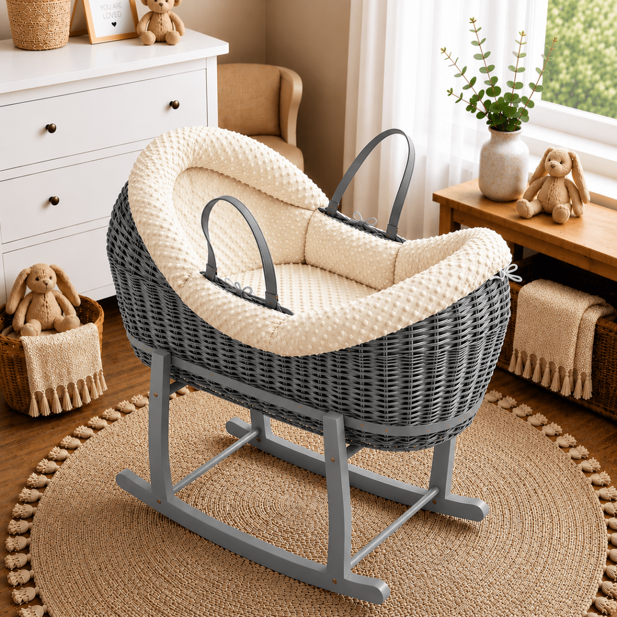 Wicker Moses basket with stand, dark wicker frame, cream waffle-textured bedding