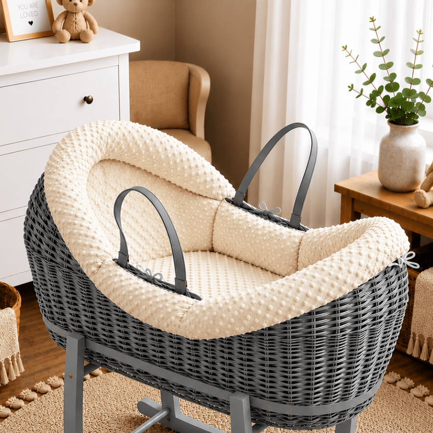 Cream wicker moses basket with padded waffle liner and carrying handles