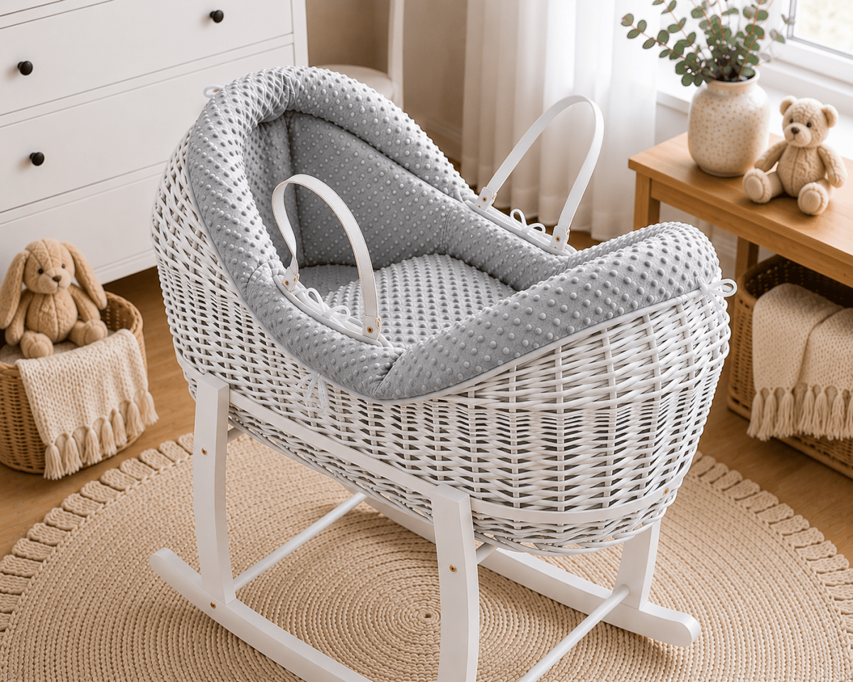 Wicker Moseskorb mit Gestell, graues Bettzeug mit Relief, weißes Holzgestell
