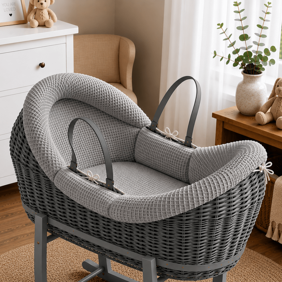 Grey wicker moses basket with grey padded liner and carrying handles