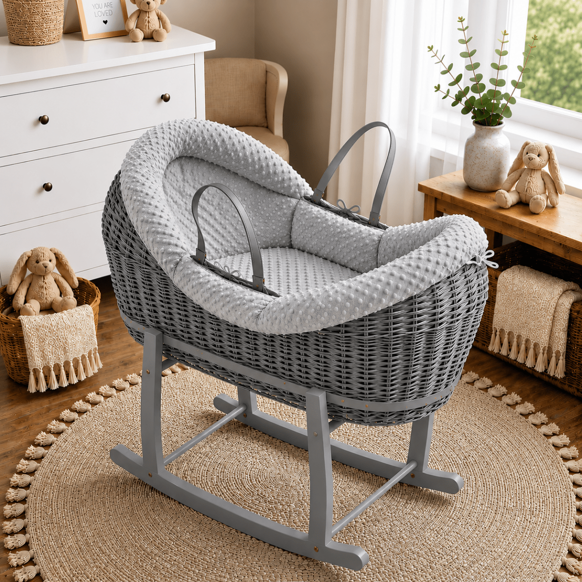 Wicker Moses basket with stand, grey textured bedding with padded hood