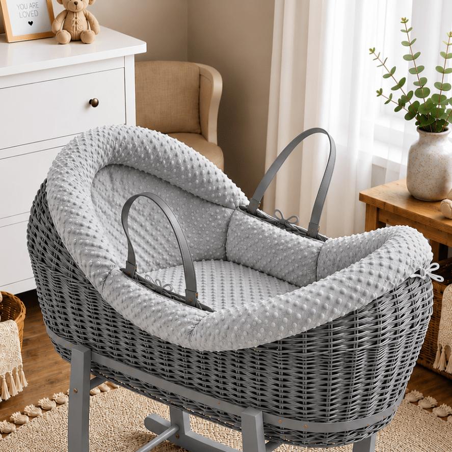 Grey wicker moses basket with grey waffle padded liner and carrying handles