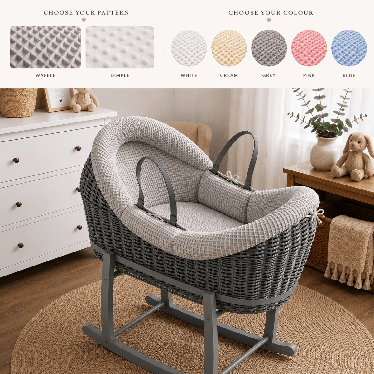Baby Moses basket bedding options: grey waffle and dimple quilt patterns