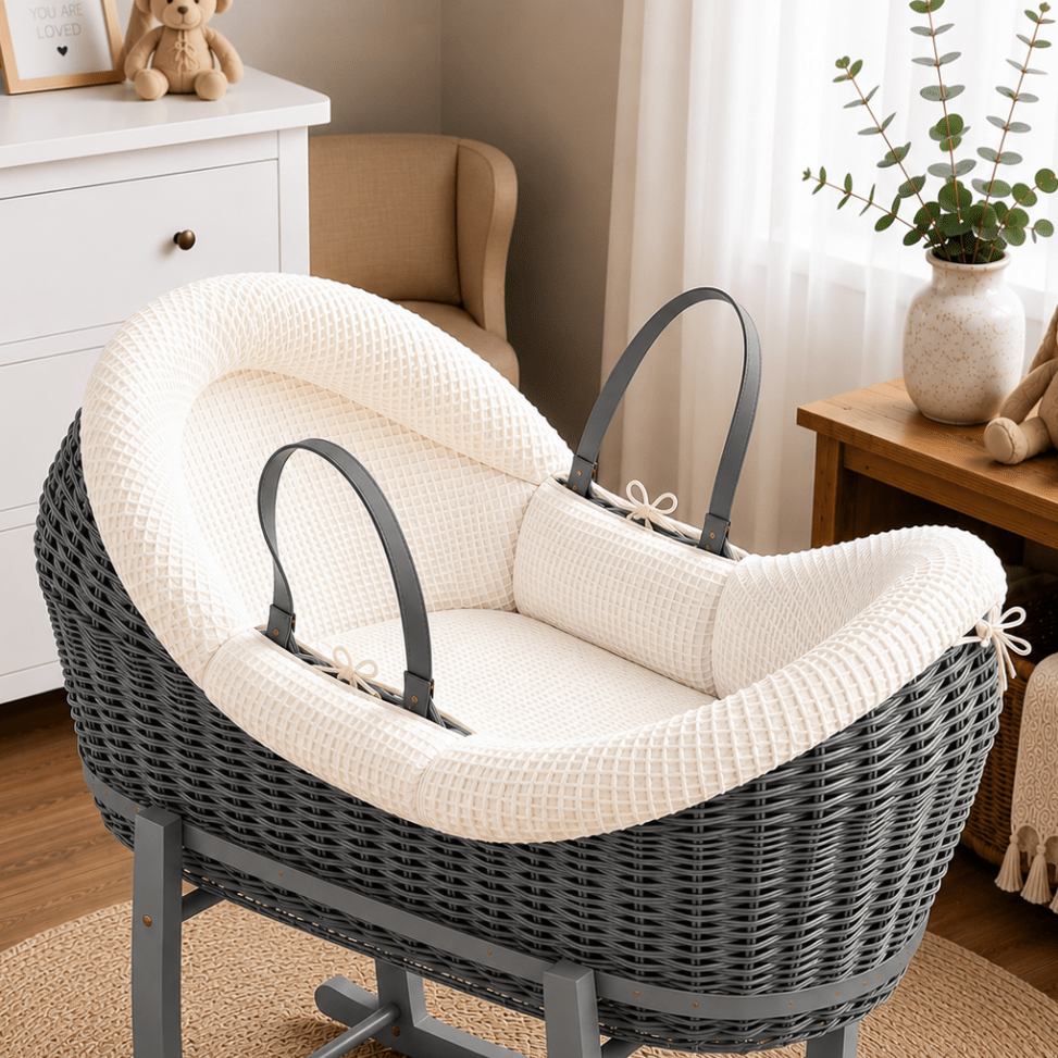 Wicker moses basket with white textured carrycot insert and dark-gray handle straps