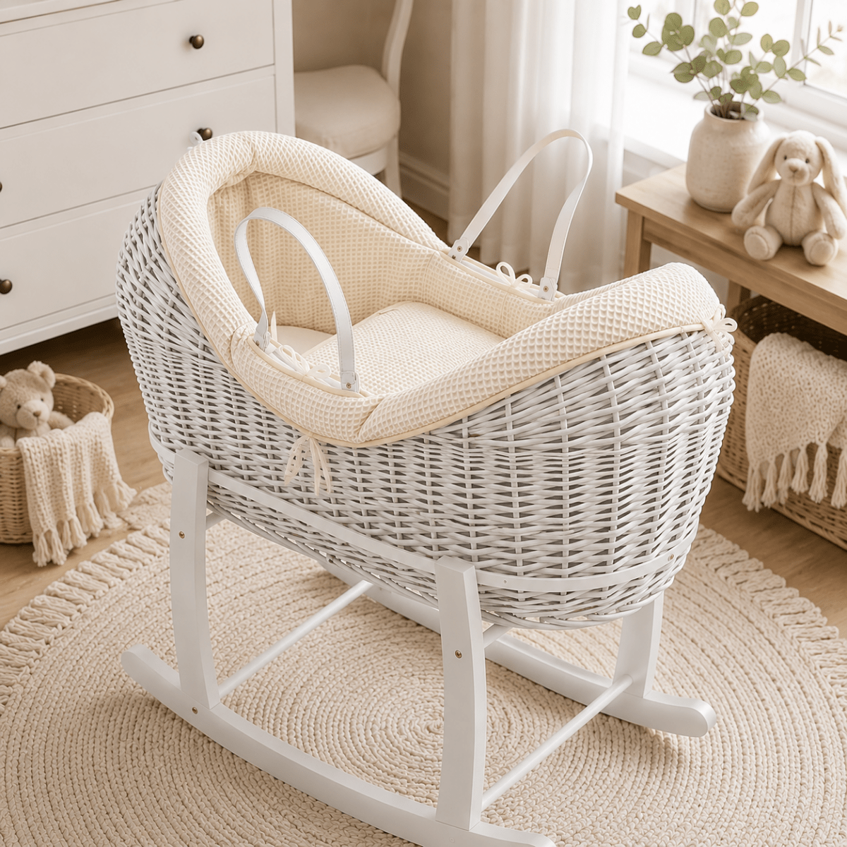 Wicker baby Moses basket on rocking stand with cream waffle pod and bumper