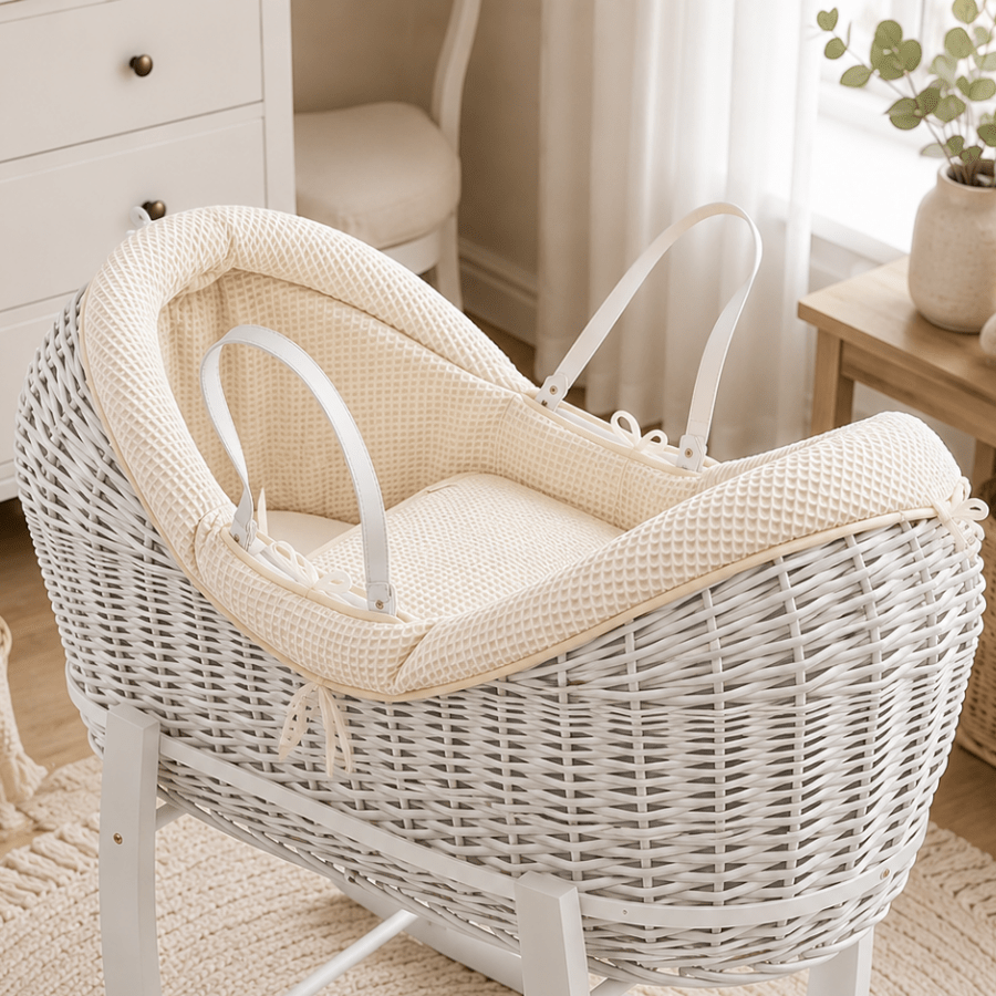 Wicker moses basket with cream textured carrycot insert and light-colored handle straps