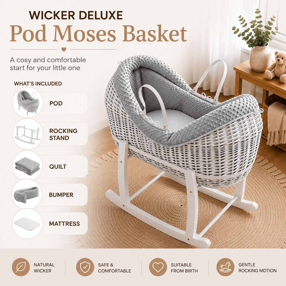 Wicker baby Moses basket with rocking stand and grey waffle pod bedding