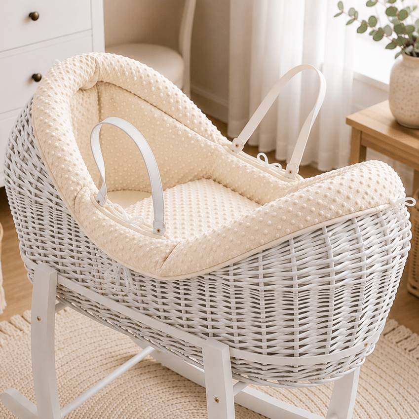 Cream wicker baby moses basket with dotted bedding and white carry handles