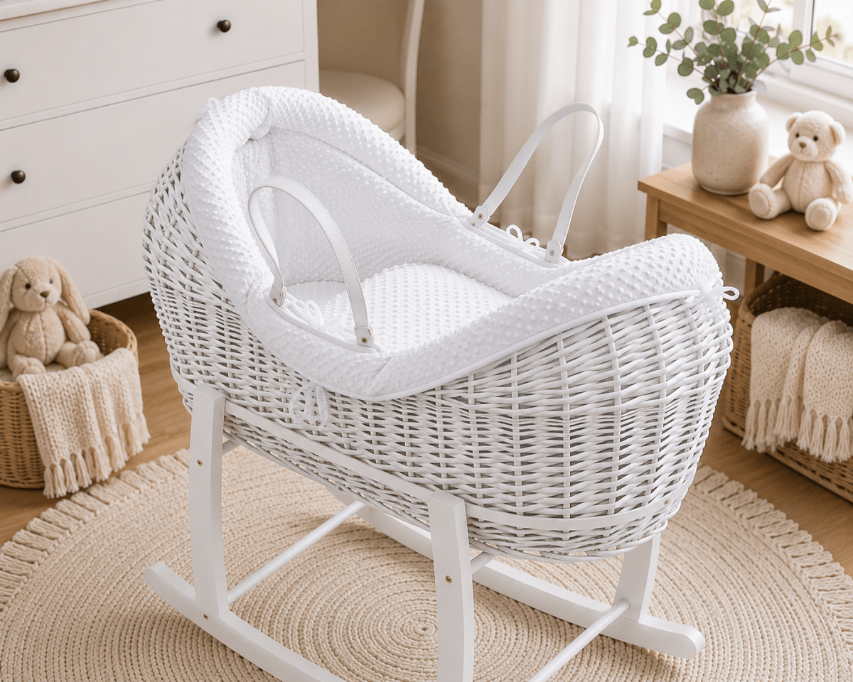 Wicker baby Moses basket on rocking stand with white dimple pod bedding