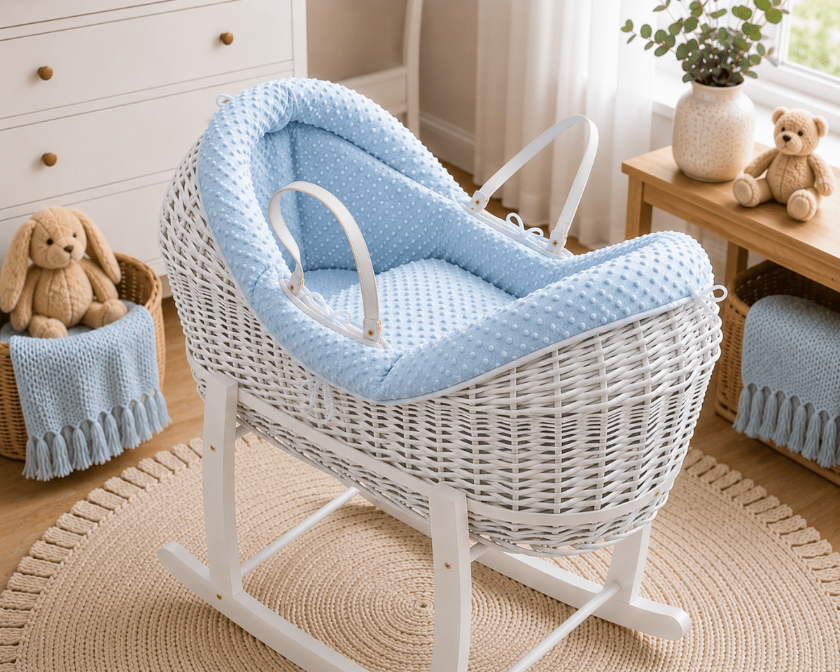 Wicker baby Moses basket on rocking stand with light blue dimple pod and bumper