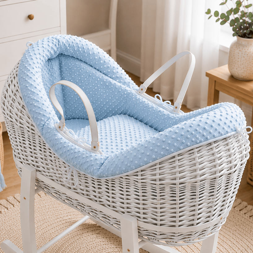 Wicker moses basket with light-blue textured carrycot insert and light-blue handle straps