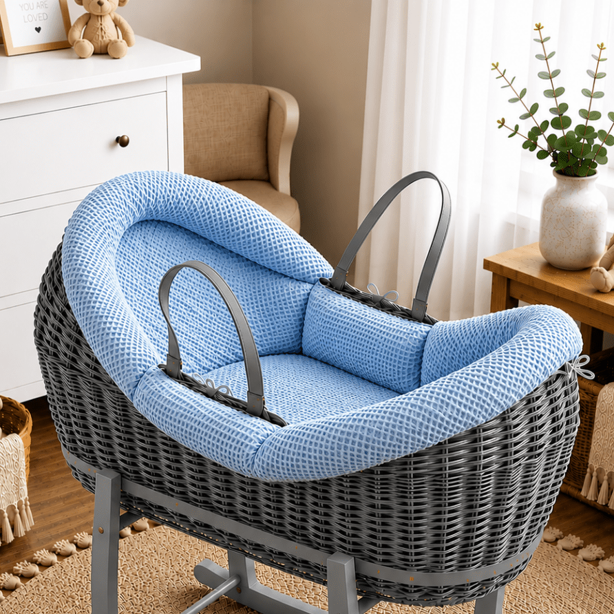 Wicker moses basket with blue textured carrycot insert and dark-gray handle straps
