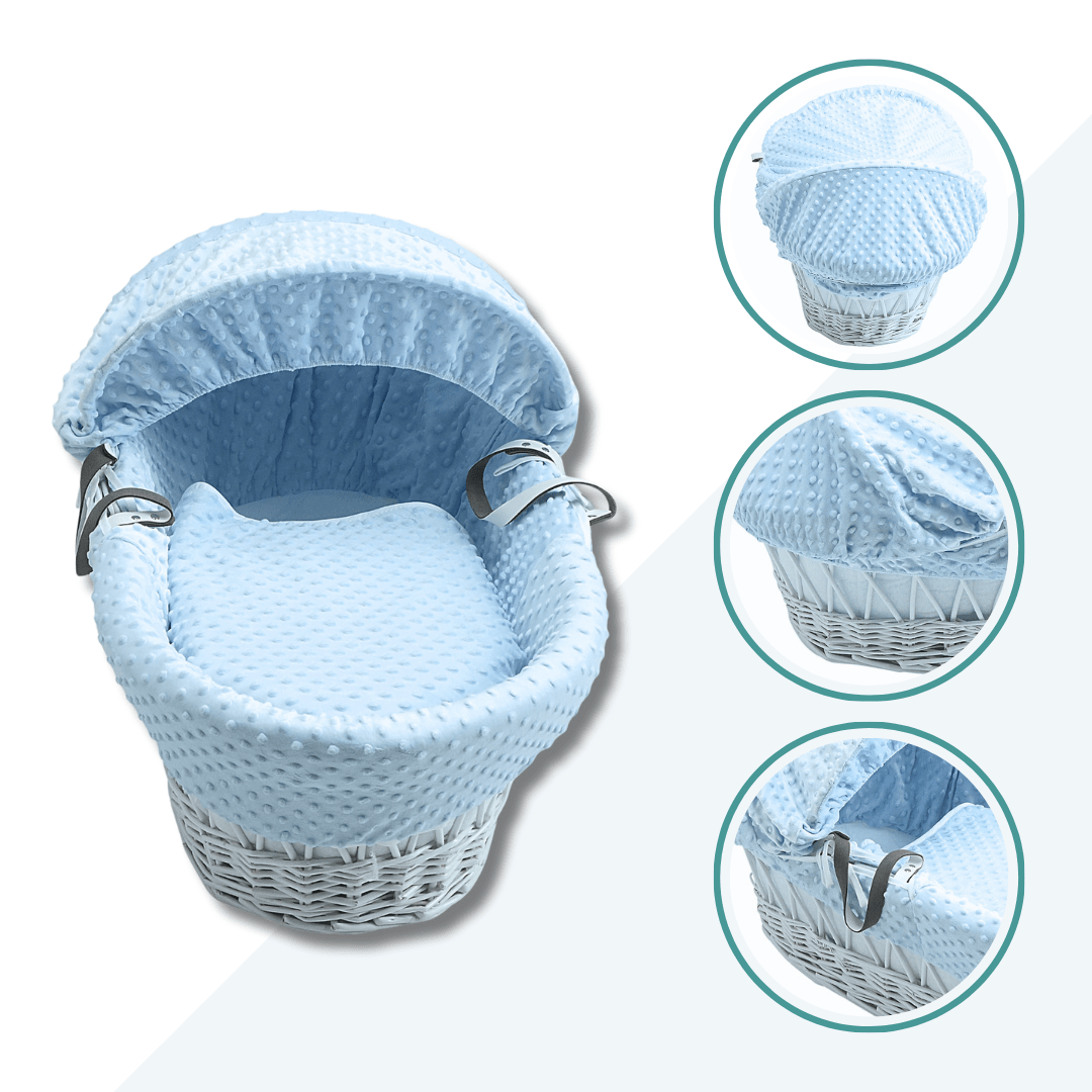 Light blue Moses basket with waffle bedding, hood detail and side profile views