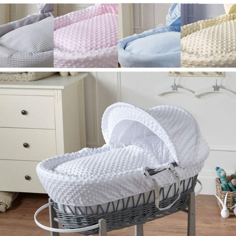 Wicker Moses basket with textured bedding, shown in grey, pink, blue and cream (no stand)