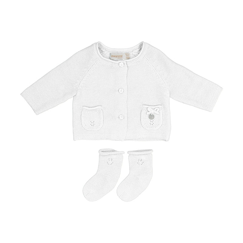 Mayoral Infant White Knit cardigan with socks