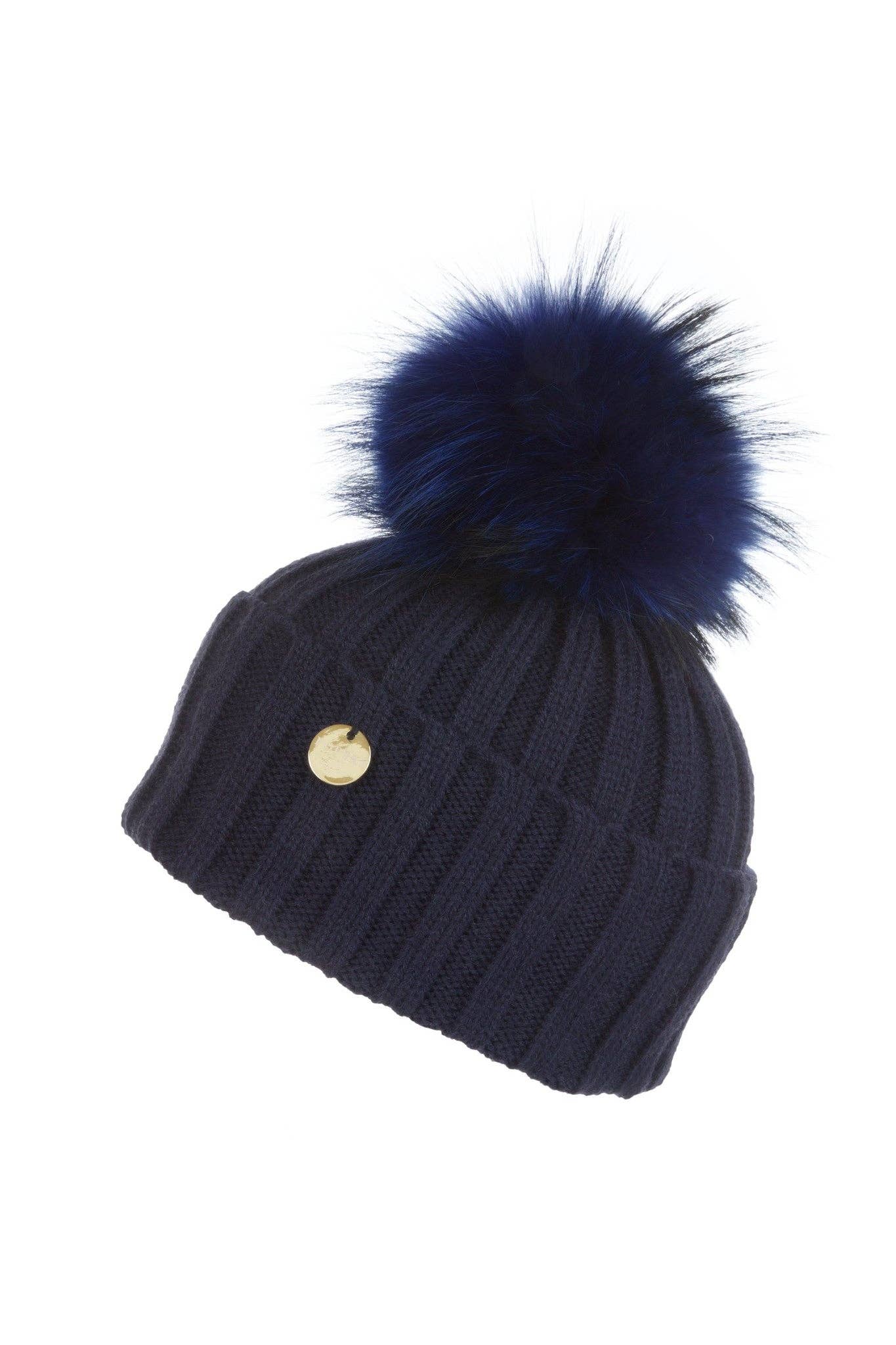 Popski London Navy Pom Pom Hat with Matching Faux Pom Pom