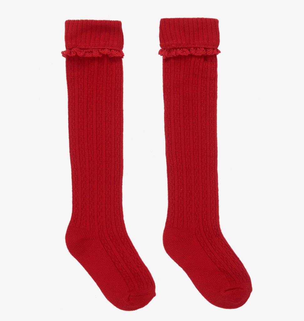 Mayoral girls’ red socks with ribbed cable knit and frilly cuff