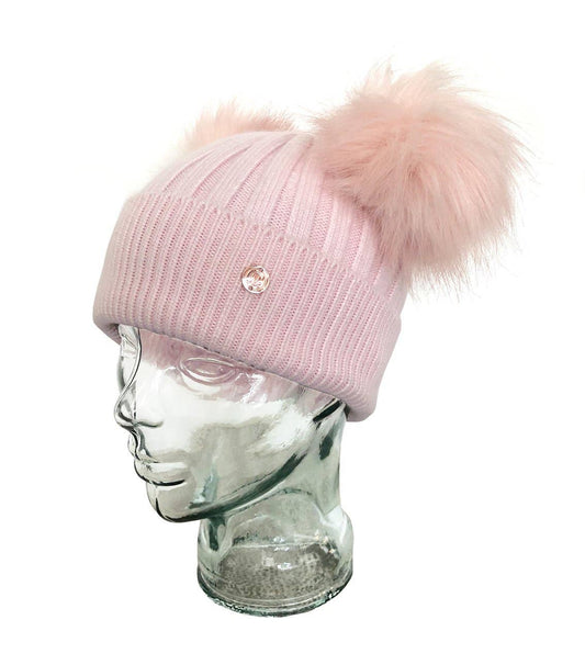 LLC Pink Cashmere Double Pom Pom Beanie Hat