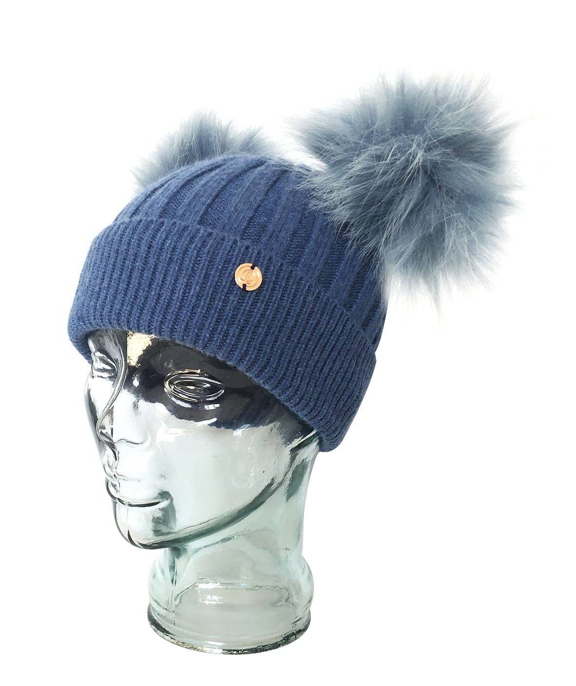 LLC Denim Blue Cashmere Double Pom Pom Beanie Hat With Blue Poms